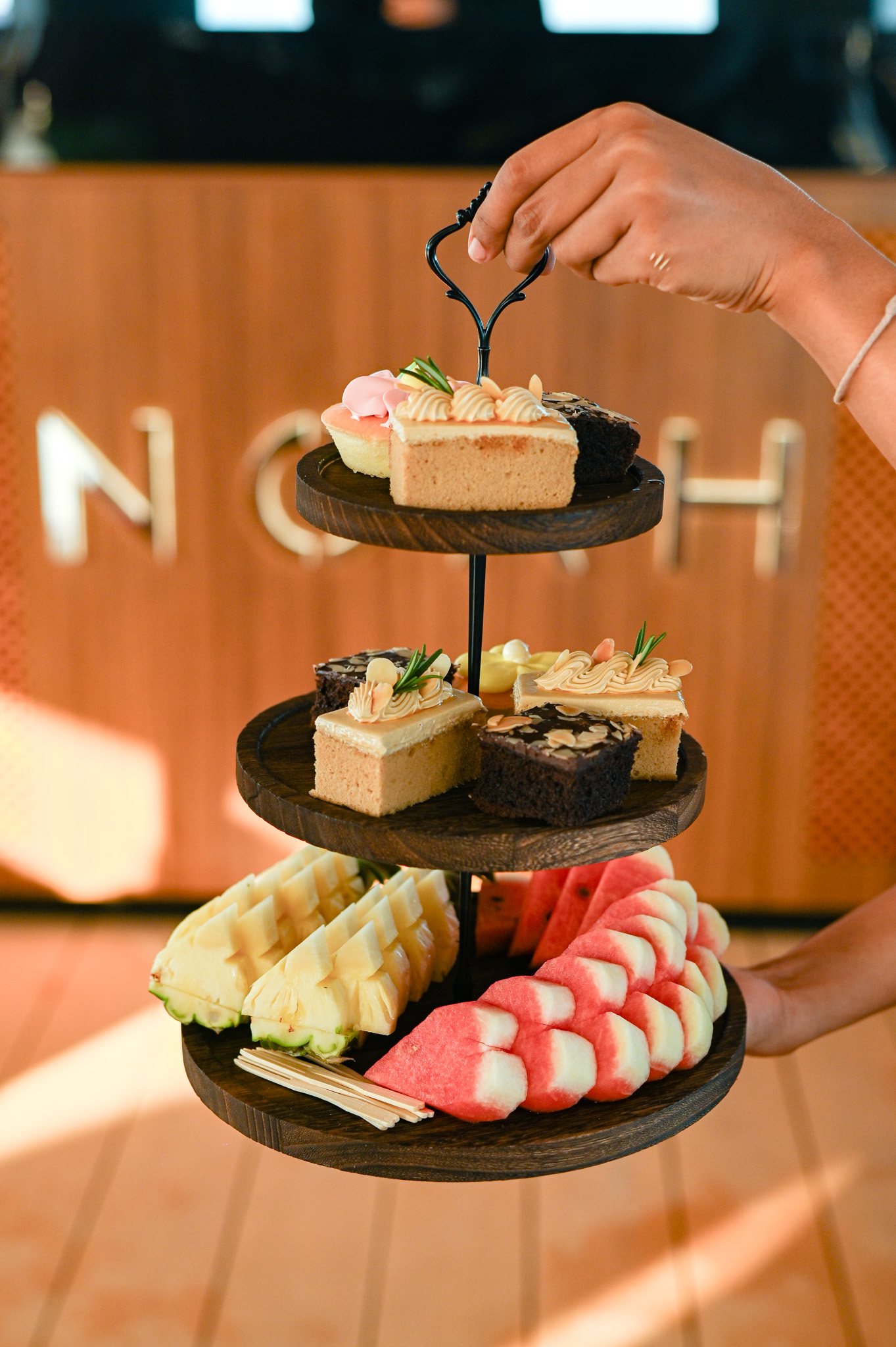 Elegant dessert selection served aboard Noah Yacht