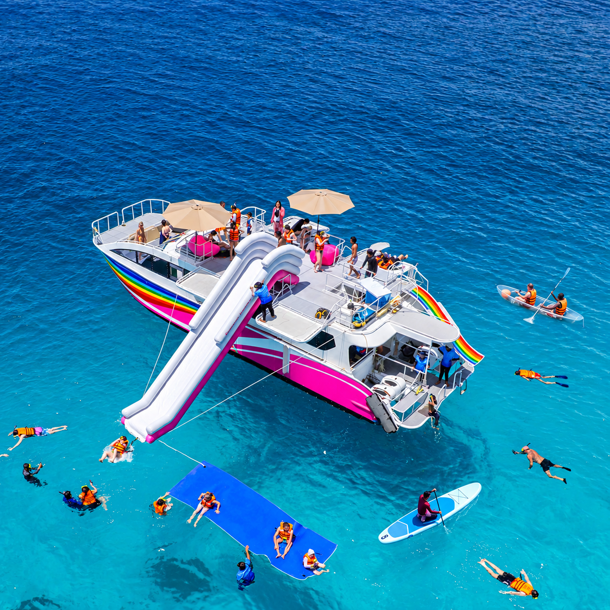 Water slide and paddleboarding beside Seastar Rainbow Catamaran