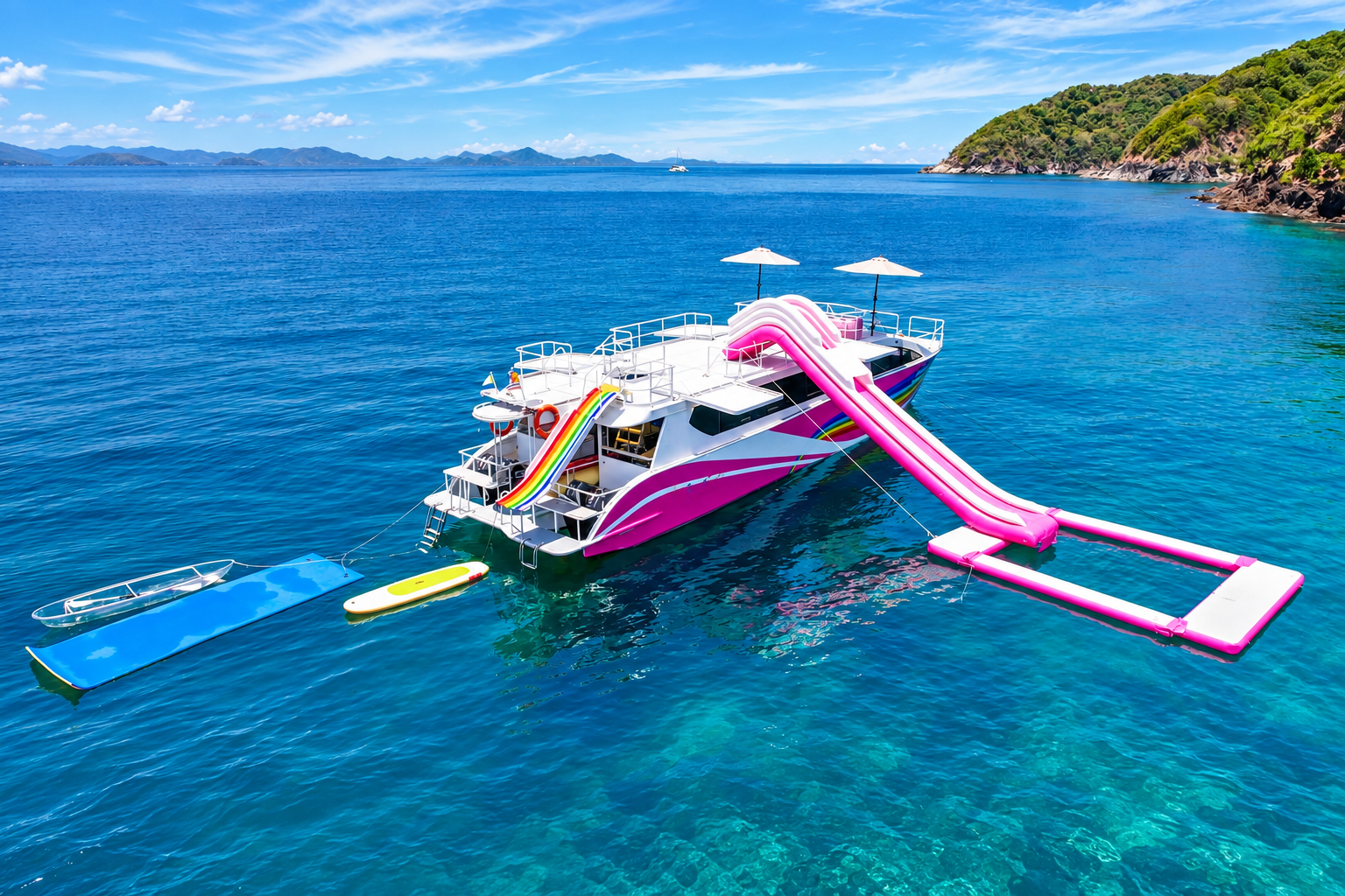 Floating play area and water activities beside Seastar Rainbow Catamaran