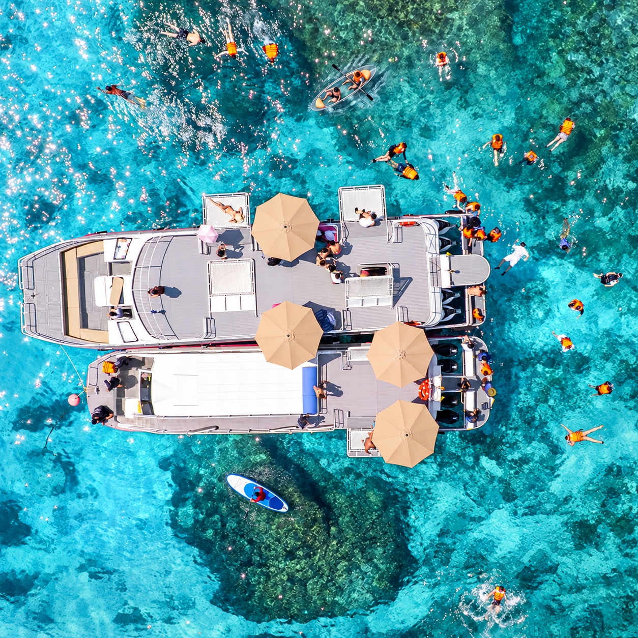 Aerial view of Seastar Rainbow Catamaran showing its two-deck layout