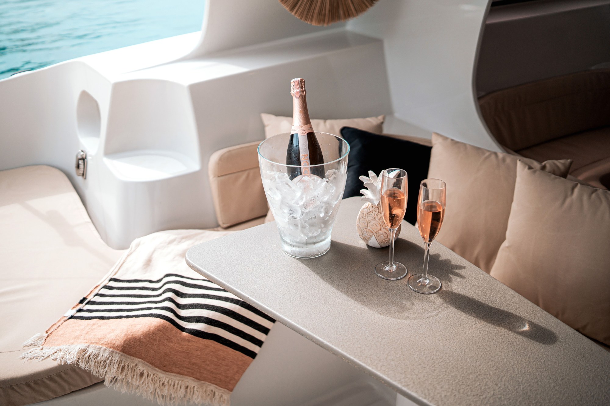 Welcome drinks inside the Vibes Catamaran lounge